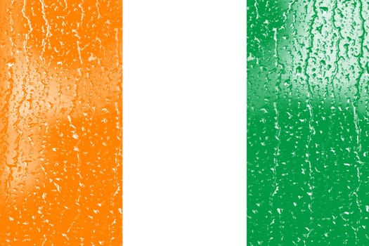3D Flag of Ivory Coast on a glass with water drop background.