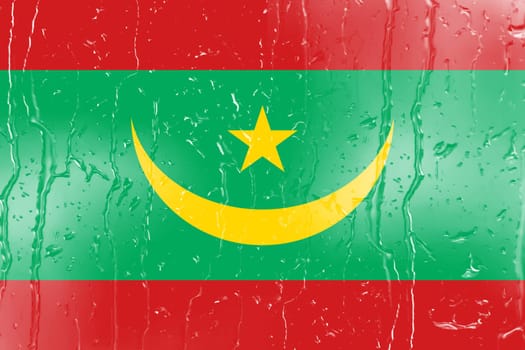 3D Flag of Mauritania on a glass with water drop background.