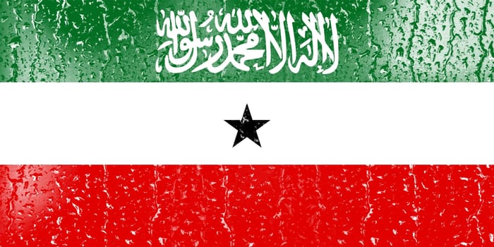 3D Flag of Somaliland on a glass with water drop background.