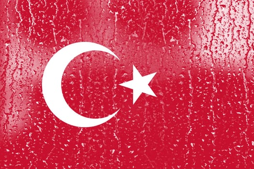 3D Flag of Turkiye on a glass with water drop background.