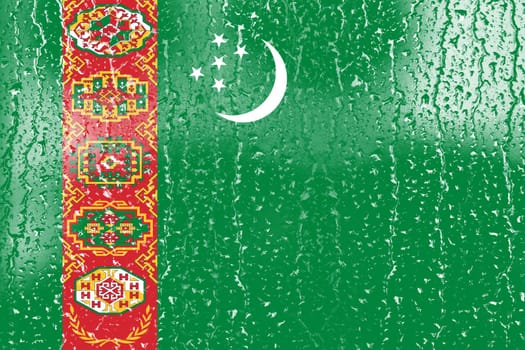3D Flag of Turkmenistan on a glass with water drop background.