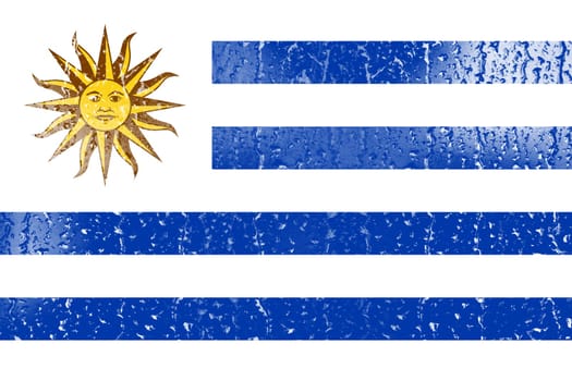 3D Flag of Uruguay on a glass with water drop background.
