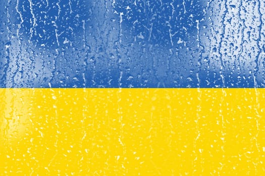 3D Flag of Ukraine on a glass with water drop background.