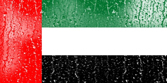 3D Flag of United Arab Emirates on a glass with water drop background.