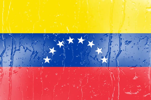 3D Flag of Venezuela on a glass with water drop background.