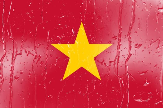 3D Flag of Vietnam on a glass with water drop background.