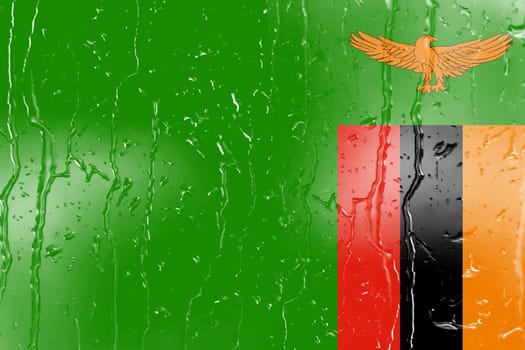 3D Flag of Zambia on a glass with water drop background.