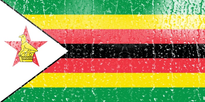 3D Flag of Zimbabwe on a glass with water drop background.