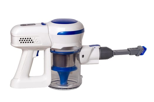 Vacuum cleaner isolated. Closeup of a modern cordless battery-powered vacuumbackground, technology,  cleaner isolated on a white background. Clipping path. House activity.
