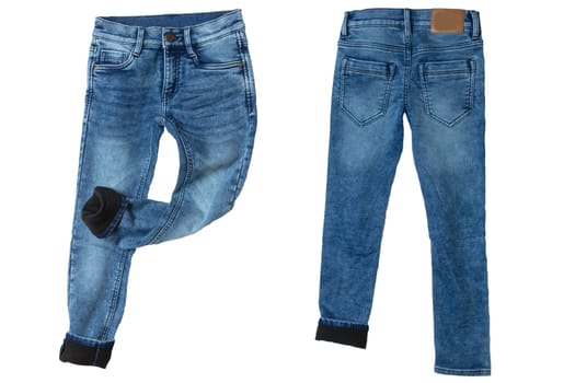 Jeans isolated. Trendy stylish blue denim pants or trousers for child boy isolated on a white background. Jeans winter and autumn fashion. Front and back view.