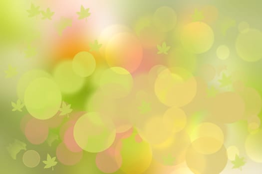 Abstract autumn gradient gold yellow green bright background texture with leaves and bokeh circles. Indian summer. Card design with space. Beautiful backdrop.