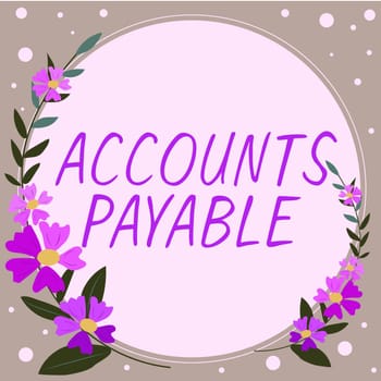 Hand writing sign Accounts Payable, Business approach oversee and control the various advertising activities Frame With Leaves And Flowers Around And Important Announcements Inside.