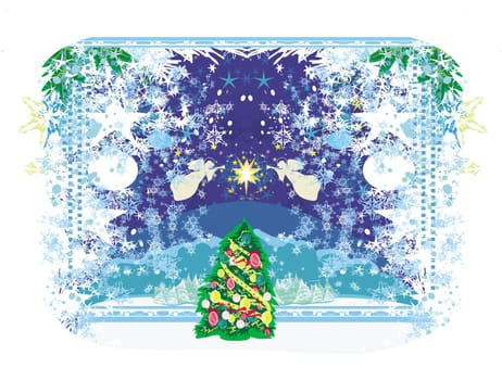 Abstract holiday card with angels and a decorated Christmas tree