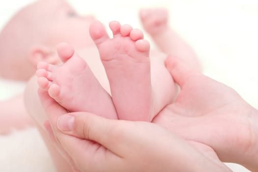 little feet of newborn baby in mother's hands