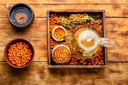 Fragrant autumn tea, tea with fresh sea buckthorn. Berry drink