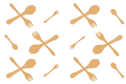 Pattern of wooden bamboo spoons and forks on a white background. The concept of ecology, environmental protection, waste recycling. Vector image