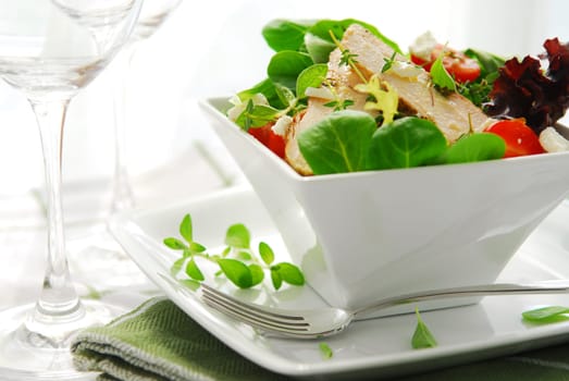 Fresh green salad with grilled chicken herbs and tomatoes, close up