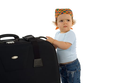 Cute baby girl with huge luggage - asking for help (isolated, with copy space)