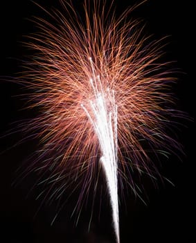 Colorful fireworks exploding in night sky.