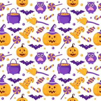 Halloween Seamless Pattern Design With Witch, Haunted House, Pumpkins or Bats in Template Hand Drawn Cartoon Flat Illustration