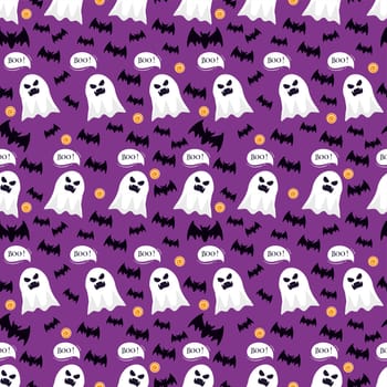 Halloween Seamless Pattern Design With Witch, Haunted House, Pumpkins or Bats in Template Hand Drawn Cartoon Flat Illustration