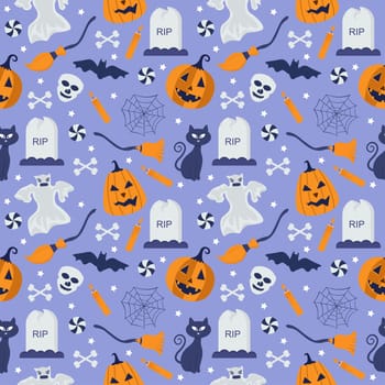 Halloween Seamless Pattern Design With Witch, Haunted House, Pumpkins or Bats in Template Hand Drawn Cartoon Flat Illustration