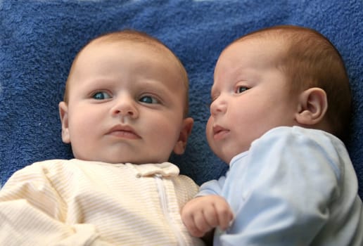 two baby boys twin brothers lying together