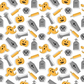 Halloween Seamless Pattern Design With Witch, Haunted House, Pumpkins or Bats in Template Hand Drawn Cartoon Flat Illustration