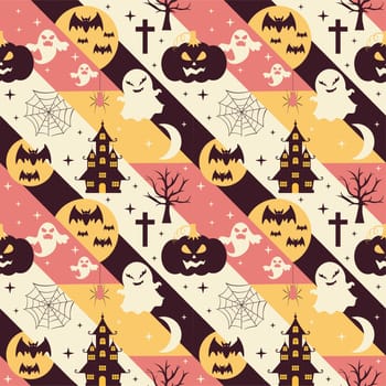 Halloween Seamless Pattern Design With Witch, Haunted House, Pumpkins or Bats in Template Hand Drawn Cartoon Flat Illustration