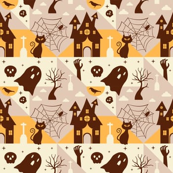 Halloween Seamless Pattern Design With Witch, Haunted House, Pumpkins or Bats in Template Hand Drawn Cartoon Flat Illustration