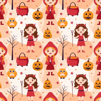 Halloween Seamless Pattern Design With Witch, Haunted House, Pumpkins or Bats in Template Hand Drawn Cartoon Flat Illustration