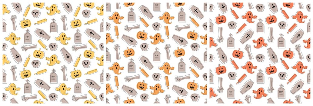 Set of Halloween Seamless Pattern Design With Witch, Haunted House, Pumpkins or Bats in Template Hand Drawn Cartoon Flat Illustration