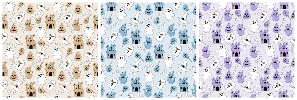 Set of Halloween Seamless Pattern Design With Witch, Haunted House, Pumpkins or Bats in Template Hand Drawn Cartoon Flat Illustration