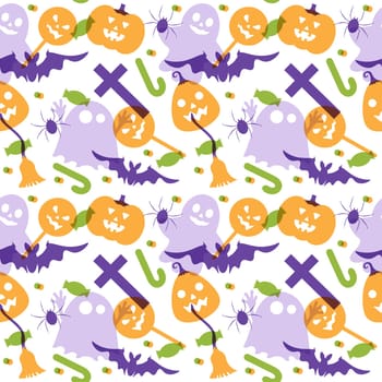 Halloween Seamless Pattern Design With Witch, Haunted House, Pumpkins or Bats in Template Hand Drawn Cartoon Flat Illustration