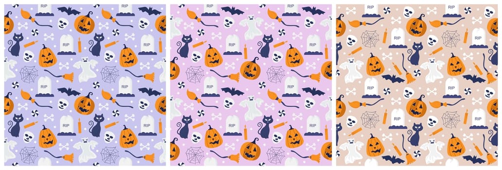 Set of Halloween Seamless Pattern Design With Witch, Haunted House, Pumpkins or Bats in Template Hand Drawn Cartoon Flat Illustration