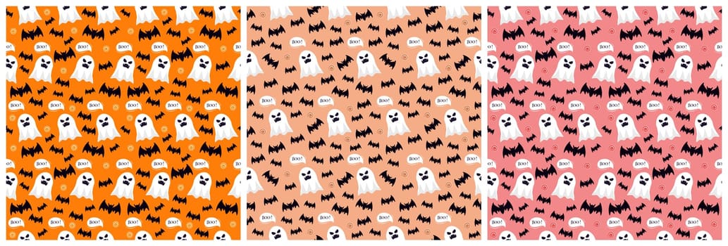 Set of Halloween Seamless Pattern Design With Witch, Haunted House, Pumpkins or Bats in Template Hand Drawn Cartoon Flat Illustration