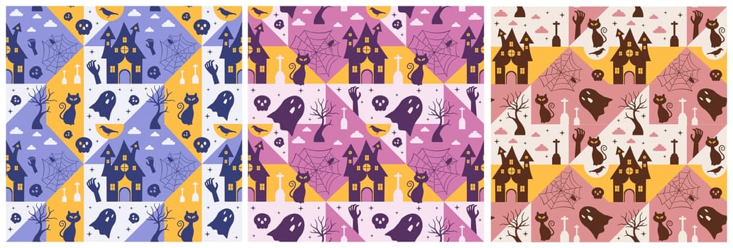 Set of Halloween Seamless Pattern Design With Witch, Haunted House, Pumpkins or Bats in Template Hand Drawn Cartoon Flat Illustration