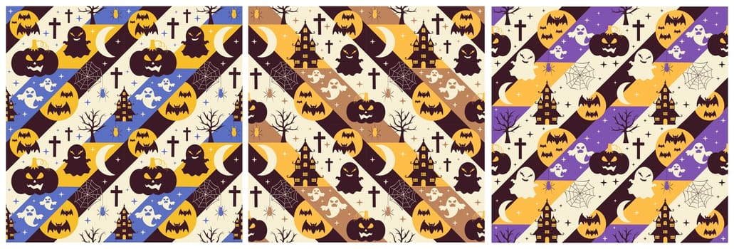 Set of Halloween Seamless Pattern Design With Witch, Haunted House, Pumpkins or Bats in Template Hand Drawn Cartoon Flat Illustration