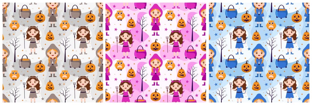 Set of Halloween Seamless Pattern Design With Witch, Haunted House, Pumpkins or Bats in Template Hand Drawn Cartoon Flat Illustration