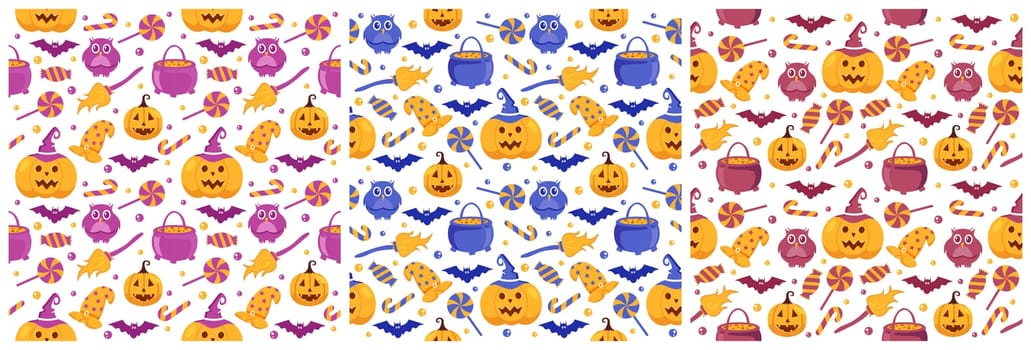 Set of Halloween Seamless Pattern Design With Witch, Haunted House, Pumpkins or Bats in Template Hand Drawn Cartoon Flat Illustration