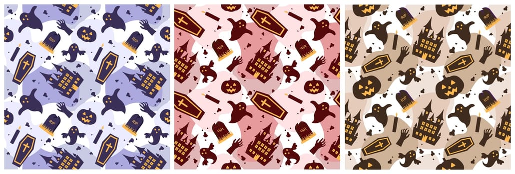 Set of Halloween Seamless Pattern Design With Witch, Haunted House, Pumpkins or Bats in Template Hand Drawn Cartoon Flat Illustration