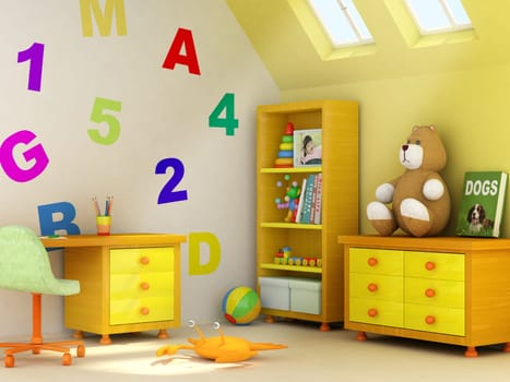 Picture of a girl, book covers, and design on the wall are my own images...3D rendering of a children room