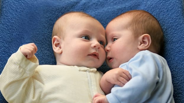 Two baby boys twin brothers playing together
