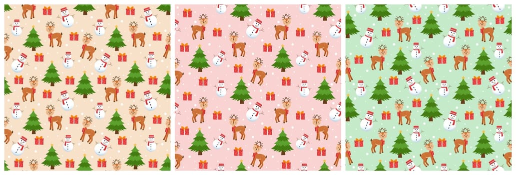 Set of Christmas Background Seamless Pattern Design With Santa Claus, Tree, Snowman And Gifts in Template Hand Drawn Cartoon Flat Illustration