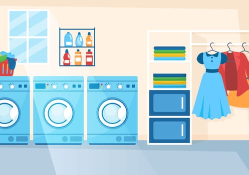 Dry Cleaning Store Service with Washing Machines, Dryers and Laundry for Clean Clothing in Flat Cartoon Hand Drawn Templates Illustration