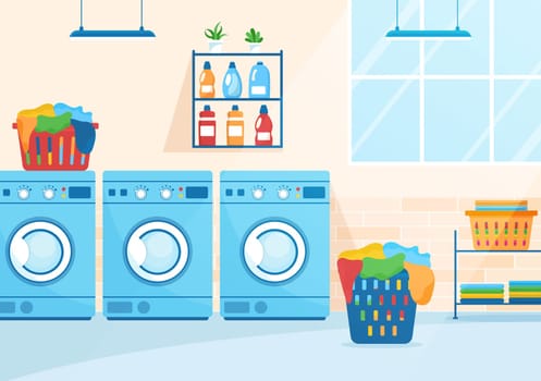 Dry Cleaning Store Service with Washing Machines, Dryers and Laundry for Clean Clothing in Flat Cartoon Hand Drawn Templates Illustration