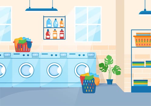 Dry Cleaning Store Service with Washing Machines, Dryers and Laundry for Clean Clothing in Flat Cartoon Hand Drawn Templates Illustration