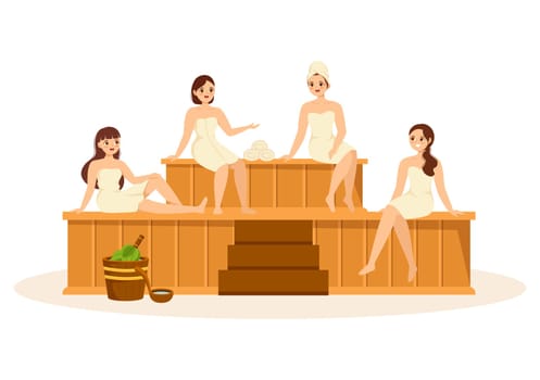 Sauna and Steam Room with People Relax, Washing Their Bodies, Steam or Enjoying Time in Flat Cartoon Hand Drawn Templates Illustration
