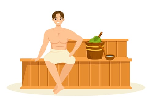 Sauna and Steam Room with People Relax, Washing Their Bodies, Steam or Enjoying Time in Flat Cartoon Hand Drawn Templates Illustration