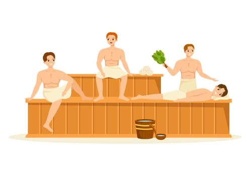 Sauna and Steam Room with People Relax, Washing Their Bodies, Steam or Enjoying Time in Flat Cartoon Hand Drawn Templates Illustration